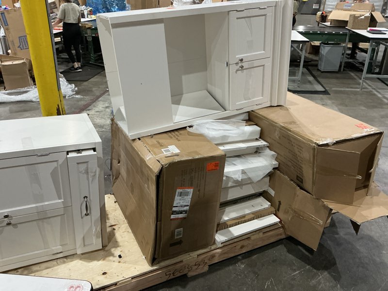 Condition photo showing As Is for home decorators collection royce 82 in. cream white 3-drawer cabinet