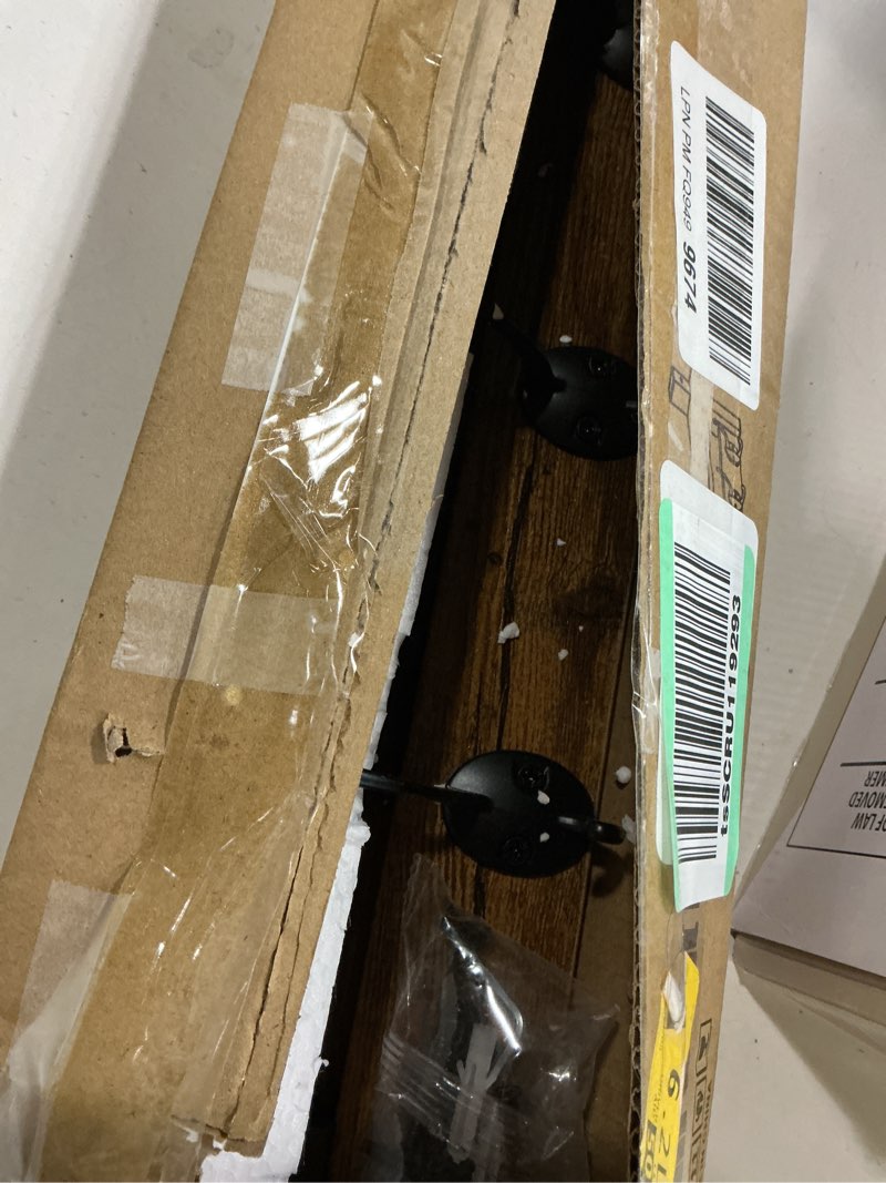 Condition photo showing Good Condition for Homode Coat Rack with Wall Mount, 24 Inch Long Entryway Wall Shelf with Hooks, Wood Hanger with Storage Shelf for Bathroom, Hallway, Rustic Brown Black Rustic Brown 24 Inch Long