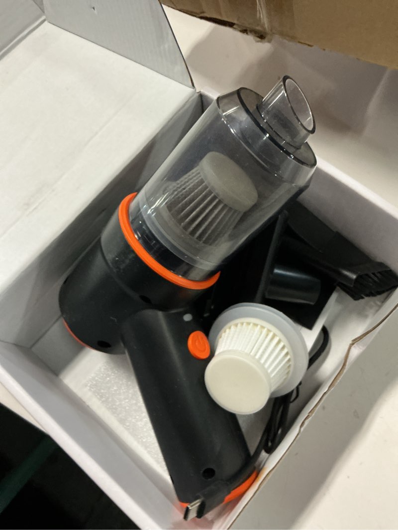 Condition photo showing As Is for kmm handheld car vacuum cleaner, 9000pa vacuum cleaner & air duster, 120w high power vacuum portable cordless, hand held vacuum rechargeable with multi-nozzles & led light for home, car, office black & orange