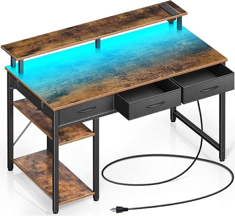gaming desk with led lights & power outlets, computer desk with monitor stand & drawers