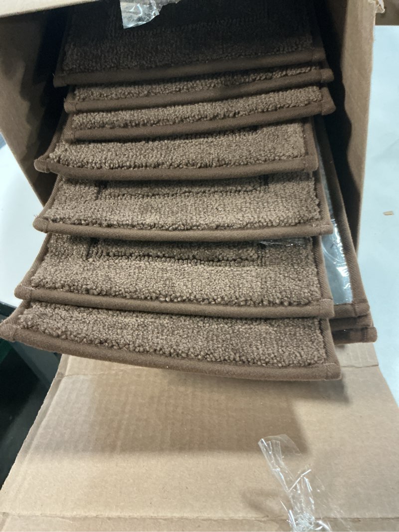 Condition photo showing Good Condition for Non-Slip Stair Treads for Wooden Steps Indoor, 15 Pack 8" X 30" Edging Stair Rugs with TPE Backing, 0.4" Thick Carpet Stair Treads for Kids Elders & Pets, 100% Polyester Soft Stair Runners, Brown 30''x8'' Brown 15