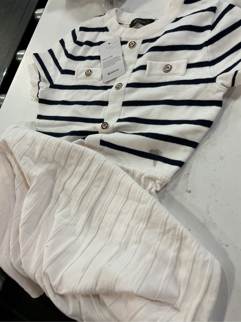 Condition photo showing As Is for zesica women's casual striped midi dress crewneck short sleeve button ribbed knit swing pleated a line dresses small beige