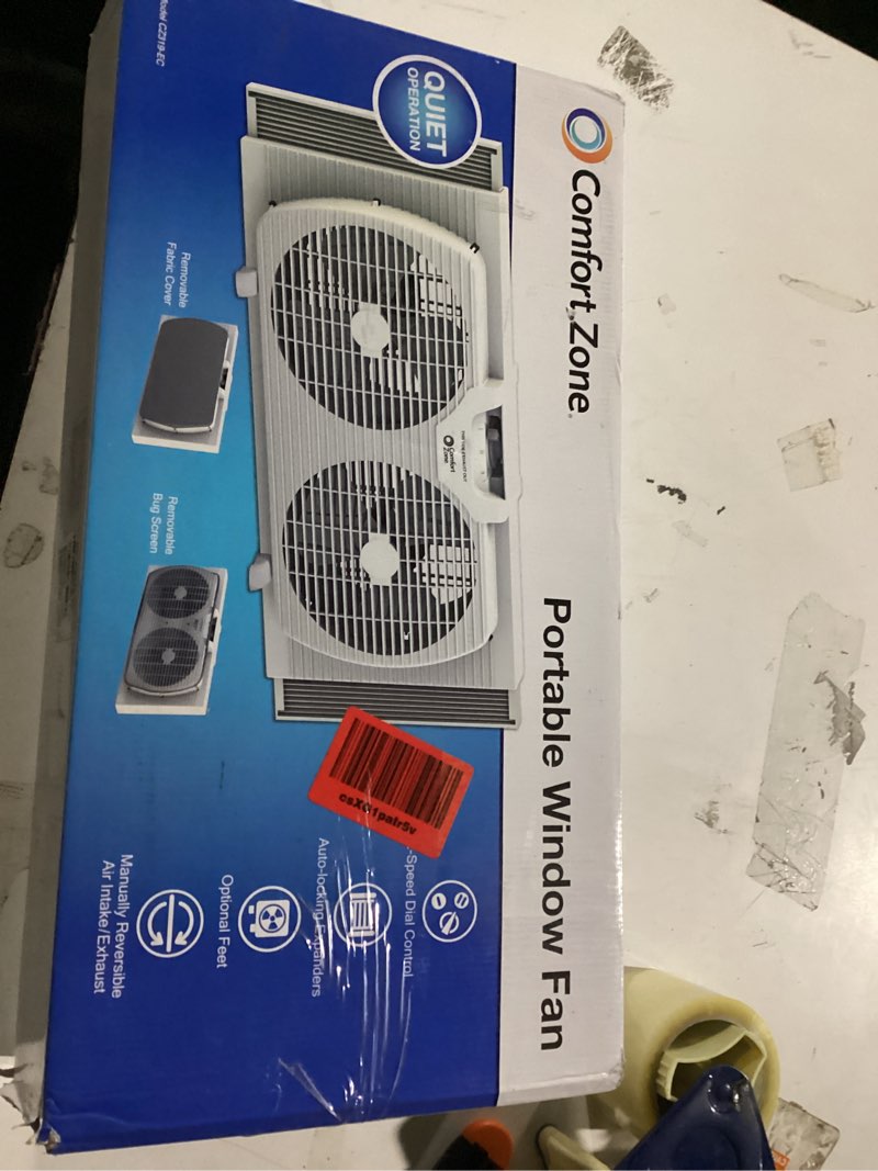 Condition photo showing New/Like New for comfort zone twin window fan with reversible airflow control, 9 inch, auto-locking expanders, 2 speed fan, dual fan, exhaust, airflow 9.84 ft/sec, ideal for home, kitchen, bedroom & office, cz319wt white 9"
