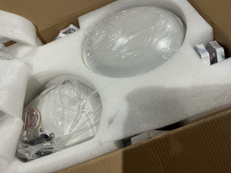 Condition photo showing As Is for 52" rgb ceiling fans with lights and remote,white low profile ceiling fans with quiet reversible dc motor, modern flush mount fans light for kids room bedroom