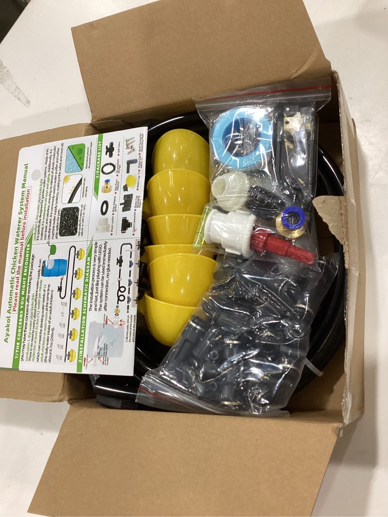 Condition photo showing Good Condition for complete set pipeline automatic chicken waterer system, innovative quick-connect water system with large size water cups removable and washable, 18ft pipeline and float valve (yellow, 6cup) yellow 6cups