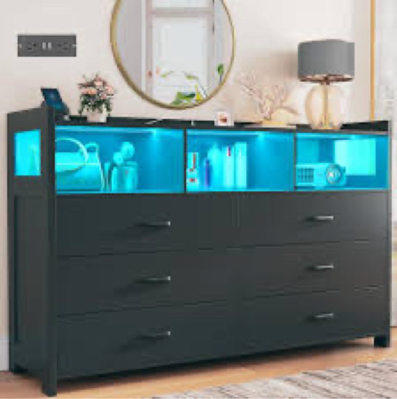 jaylianiz 6 - drawer dresser with power outlet, chest of drawers with led lights and open storage