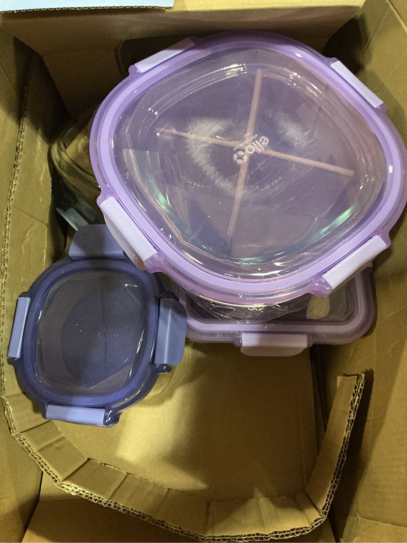 Condition photo showing Good Condition for ello color lock 20pc mixed glass food storage sets, leak-proof glass food storage containers with airtight bpa-free plastic lids, dishwasher, microwave, and freezer safe, purple rain