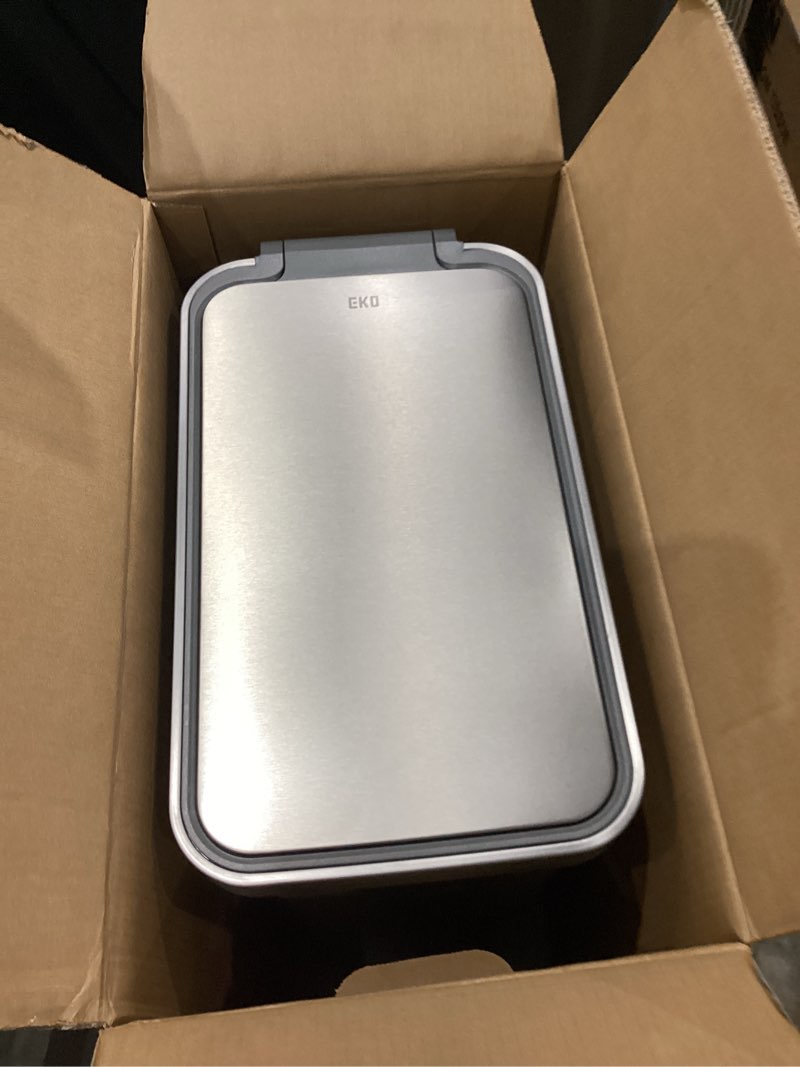 Condition photo showing As Is for eko hudson slim 50l / 13.2 gallon kitchen trash can with lid, stainless steel step garbage can for kitchen or home, space-saving garbage can with soft close lid, stay-open, liner ring, handle 50 liter - slim
