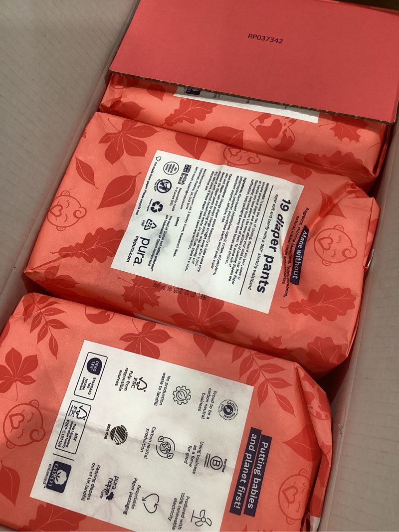 Condition photo showing Good Condition for pura hypoallergenic diaper pants size 5 (27-38 lbs) overnight, up to 12 hours leak protection, suitable for sensitive skin, totally chlorine free, soft organic cotton, 3 packs of 19 (57 pull up pants) size 5 57