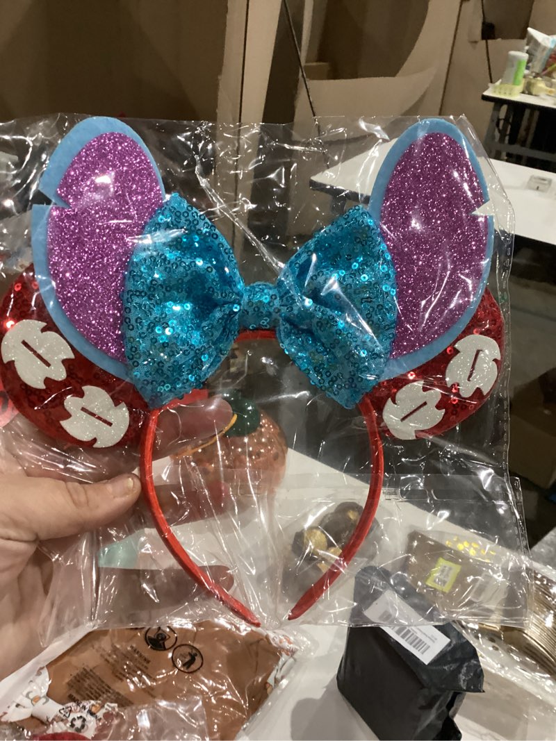 Condition photo showing New/Like New for Women's Blue Ears Headband with Bow, Sequin Mouse Costume Ears Head Band for Girls, Women Halloween, Birthdays