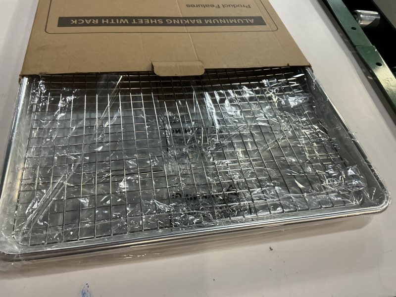 Condition photo showing New/Like New for 24 Inch Baking Sheet Pans with Rack Set, Natural Aluminum Cookie Sheet, Extra Large Commercial Quality Baking Sheet Pan Set, Warp Resistant Nonstick Thick Cookie Tray Pans for Baking, Roasting