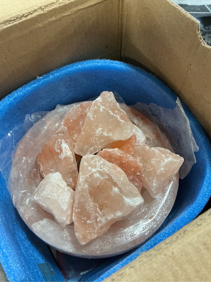 Condition photo showing Good Condition for himalayan pink salt lamp bowl with natural salt chunks, includes a power cord with dimmer switch and a pair of bulb, orange