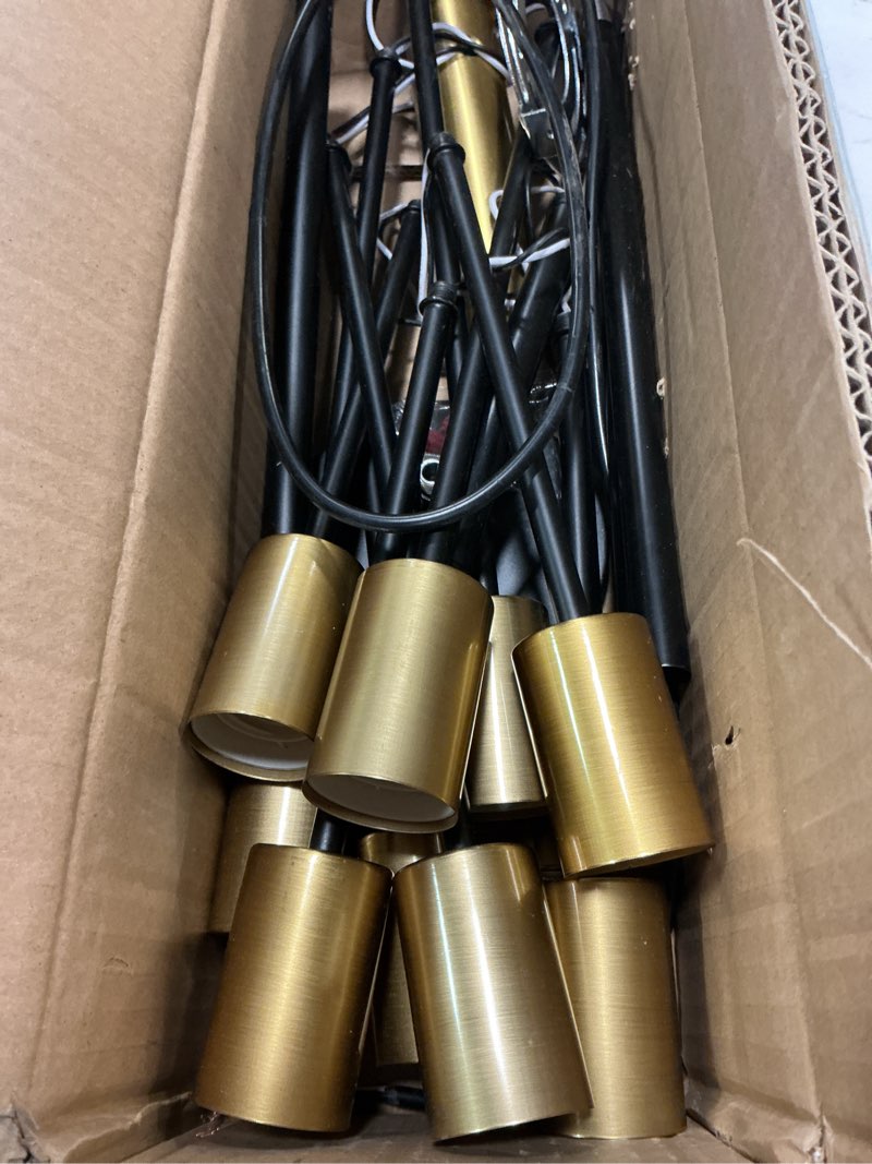 Condition photo showing As Is for Modern Chandelier Ceiling Light Fixture Sputnik Chandeliers Gold and Black Farmhouse Chandelier Over Table 12-Light Height Adjustable Chandeliers for Dining Room, Living Room,Kitchen Island Black and Gold 12 Light