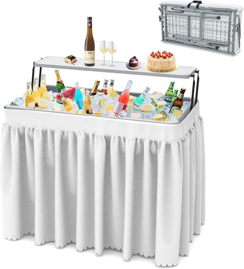 SHAREWIN Ice Cooler Folding Table with Metal Side Desktop, Double-Layer Party Chilling Table with Dr
