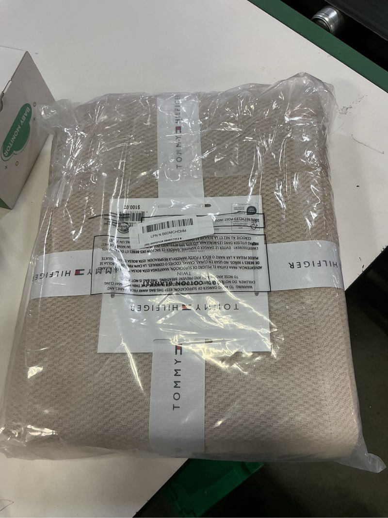 Condition photo showing Good Condition for tommy hilfiger - twin cotton blanket, textured pique weave bedding, medium weight soft blanket, anti-pilling & fade resistant, ideal for layering, oeko-tex certified (beige) twin cotton pique beige