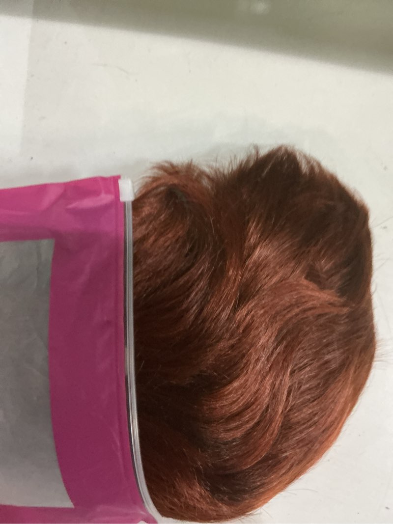 Condition photo showing As Is for tishining short red pixie cut wigs for white women copper red mixed brown highlight synthetic hair wig with bangs layered natural wavy hair wig for daily party use