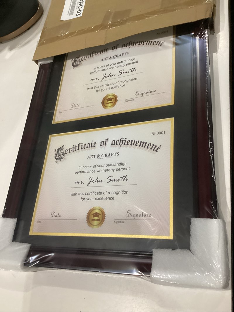 Condition photo showing New/Like New for yaetm vertical double diploma frame 14x20 for two 8.5x11 certificates, degrees, documents, tempered glass with black over gold acid-free mats, dual diploma frames, mahogany/black mahogany frame / black & gold mat - 14x20 for 2-8.5x11 1