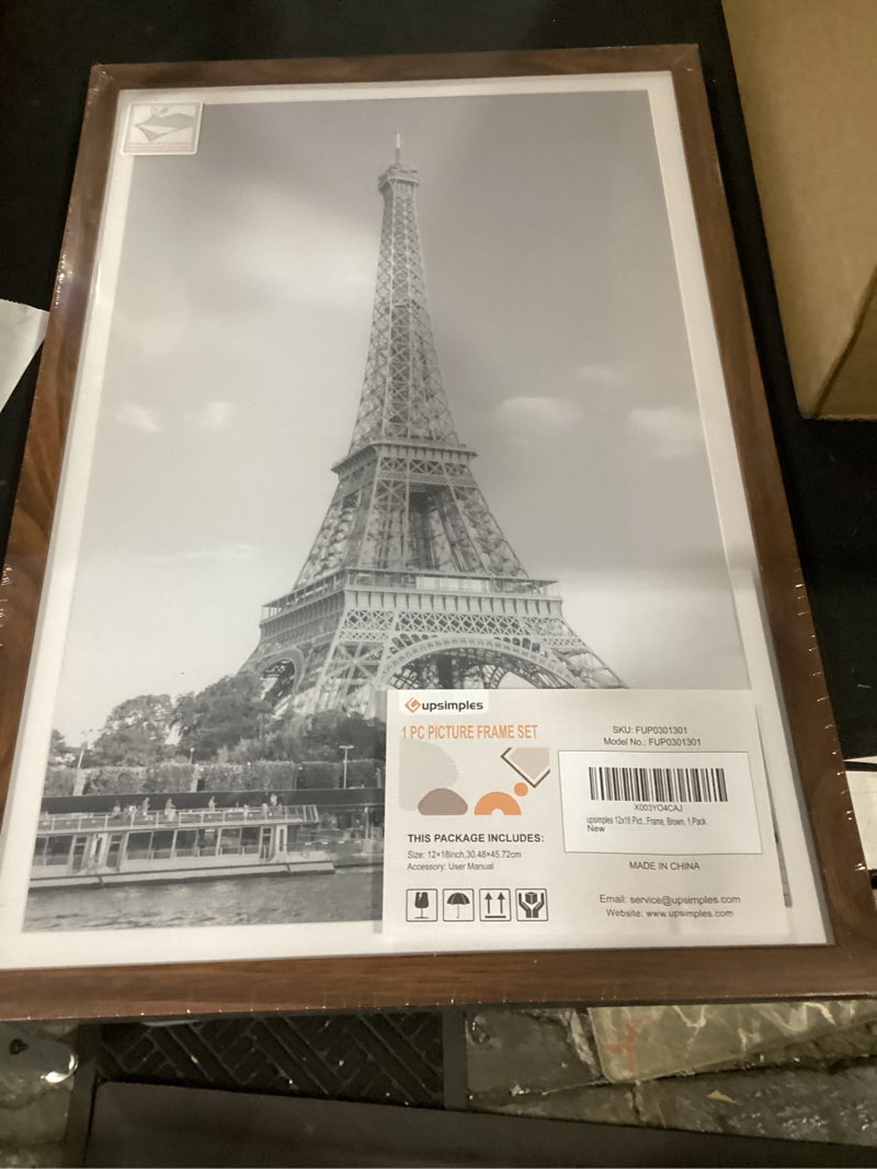 Condition photo showing New/Like New for upsimples 12x18 picture frame, display pictures 11x17 with mat or 12x18 without mat, wall hanging photo frame, brown, 1 pack brown 12x18