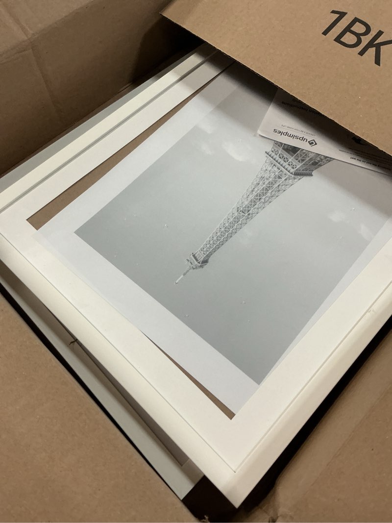 Condition photo showing As Is for upsimples 13x19 picture frame, display pictures 11x17 with mat or 13 x 19 without, wall hanging poster frames, white, 1 pack white 13x19
