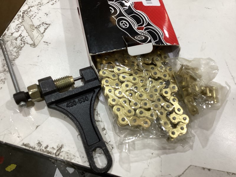 Condition photo showing Good Condition for 420 motorcycle gold chain 132 link with chain breaker | standard roller chain with 10 connecting master link for 100cc 110cc 125cc dirt pit bike atv quad go kart scooter