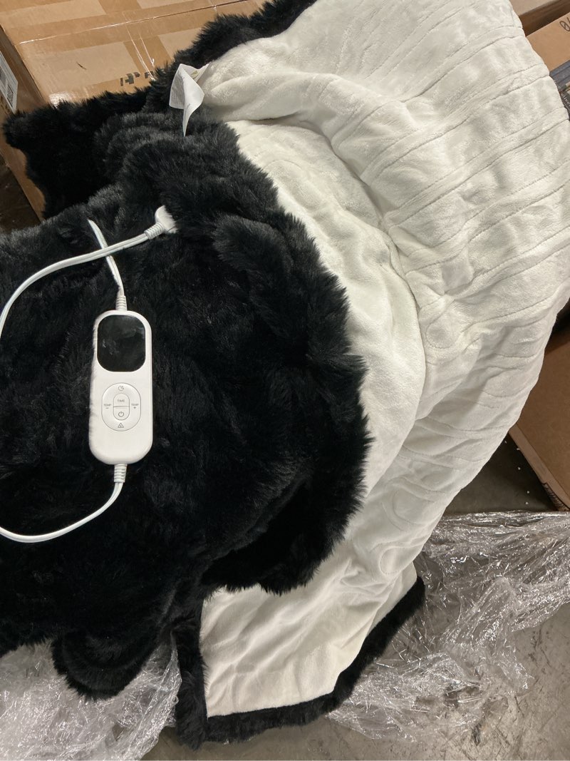 Condition photo showing As Is for iuui electric heated blanket throw 50''x60'',luxury faux rabbit fur heating throw blankets,fast heating with 1/2/4/6/8/10 hours,overheat protection, quick heating, memory function, gift-ready design black throw 50" x 60"