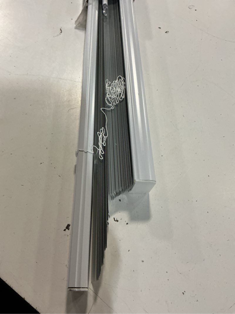 Condition photo showing As Is for levolor trim+go 1-in slat width 31-in x 72-in cordless white aluminum room darkening mini-blinds