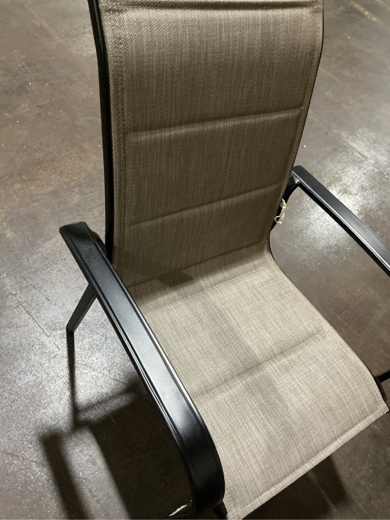 Condition photo showing As Is for style selections pelham woven stackable black metal frame stationary dining chair with tan sling seat