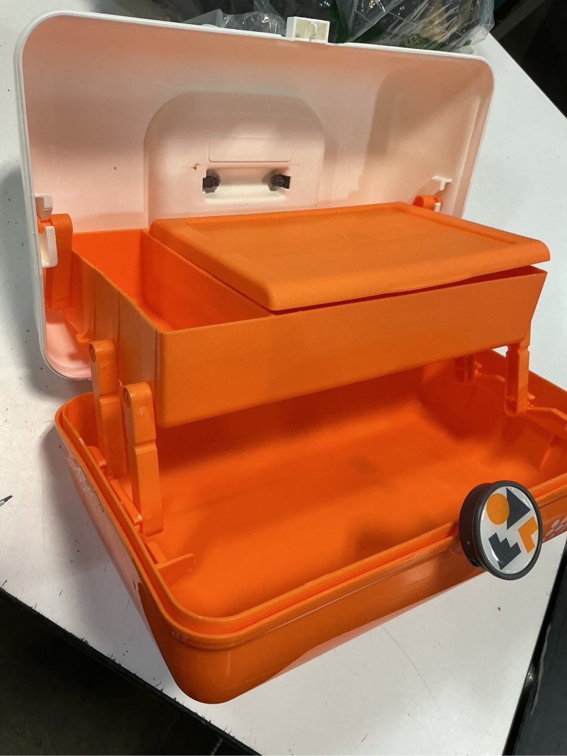 Condition photo showing As Is for caboodles school spirit on-the-go girl makeup box, white over orange, hard plastic makeup organizer box, built-in mirror, secure latch for safe travel, spacious storage for large items white orange school spirit