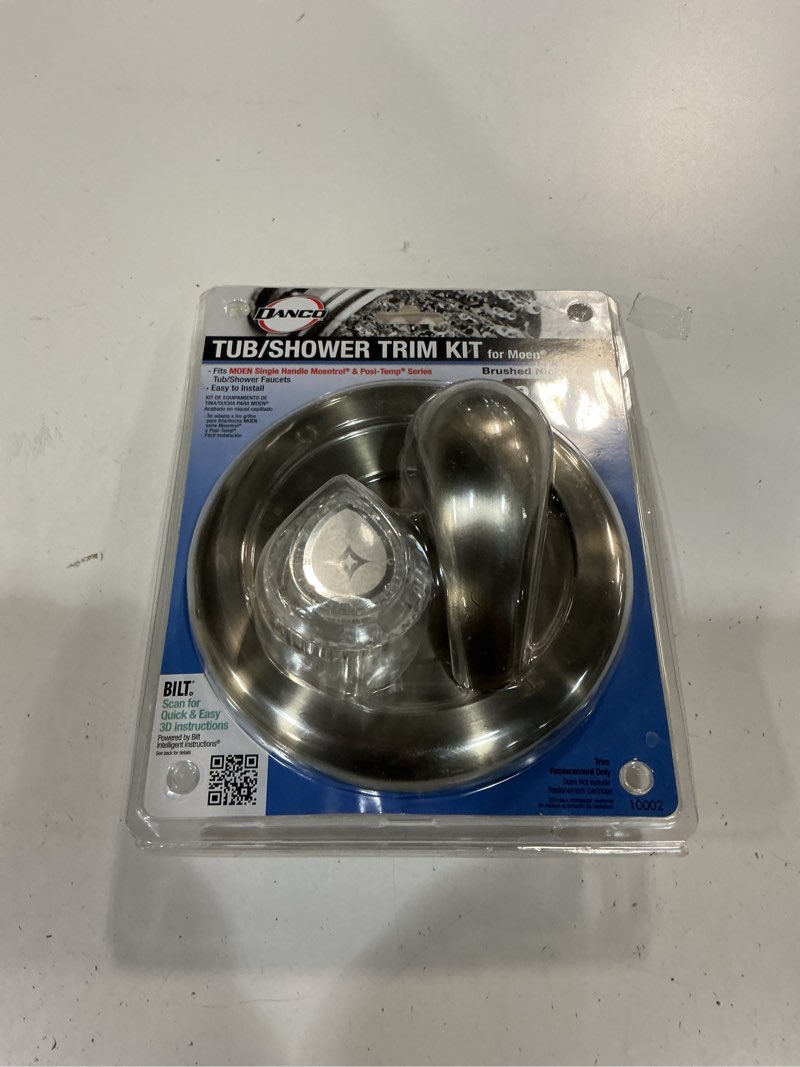 Condition photo showing As Is for 1-handle valve trim kit in brushed nickel for moen tub/shower faucets (valve not included)