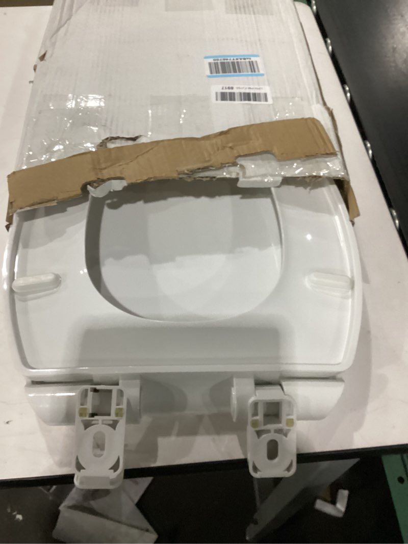 Condition photo showing As Is for elongated toilet seat, 18.5” soft/slow close oval (oblong) toilet seat for elongated toilets, no-slam quiet-close lid, easy-to-install & clean, durable never-loosen white plastic seat white elongated(oval)