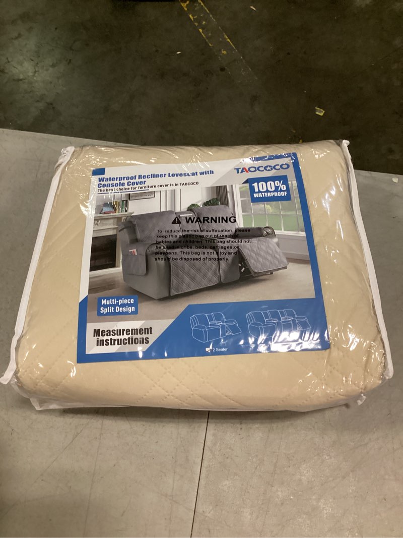 Condition photo showing New/Like New for taococo reclining loveseat cover with console, 100% waterproof pet covers for dual recliner with mug holder, split console cover loveseat covers furniture pet & kids protector (2 seater, cream) cream 2 seater
