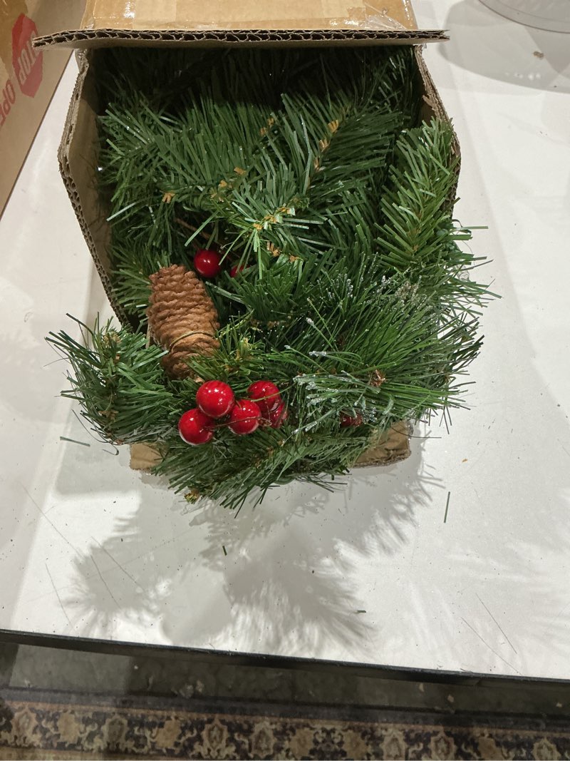 Condition photo showing Good Condition for national tree company 9 ft pre-lit crestwood spruce artificial christmas garland, christmas decoration with glitter, pinecones, red berries, 50 clear lights, 180 tips, green plug in tree