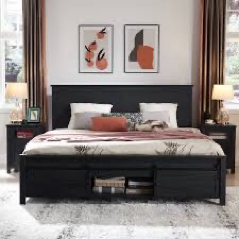 Argana Farmhouse Wood Bed Frame with Headboard and Sliding Barn Door Storage Cabinets INCOMPLETE 