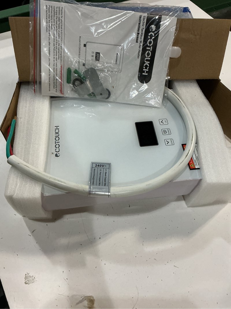 Condition photo showing As Is for tankless water heater electric, ecotouch 240v 6.5kw point of use water heater on demand instant hot water heater with self-modulating for sink faucet, white, eco65s