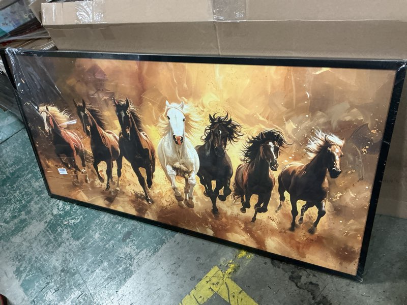 Condition photo showing As Is for Large Horse Wall Art Lucky 7 Running Horses Painting Wall Decor Golden Canvas Prints Pictures Modern Framed Artwork Home Decoration above Bed for Living Room Dining Room Bedroom Office 60"x30" 60"L x 30"W Running Horses