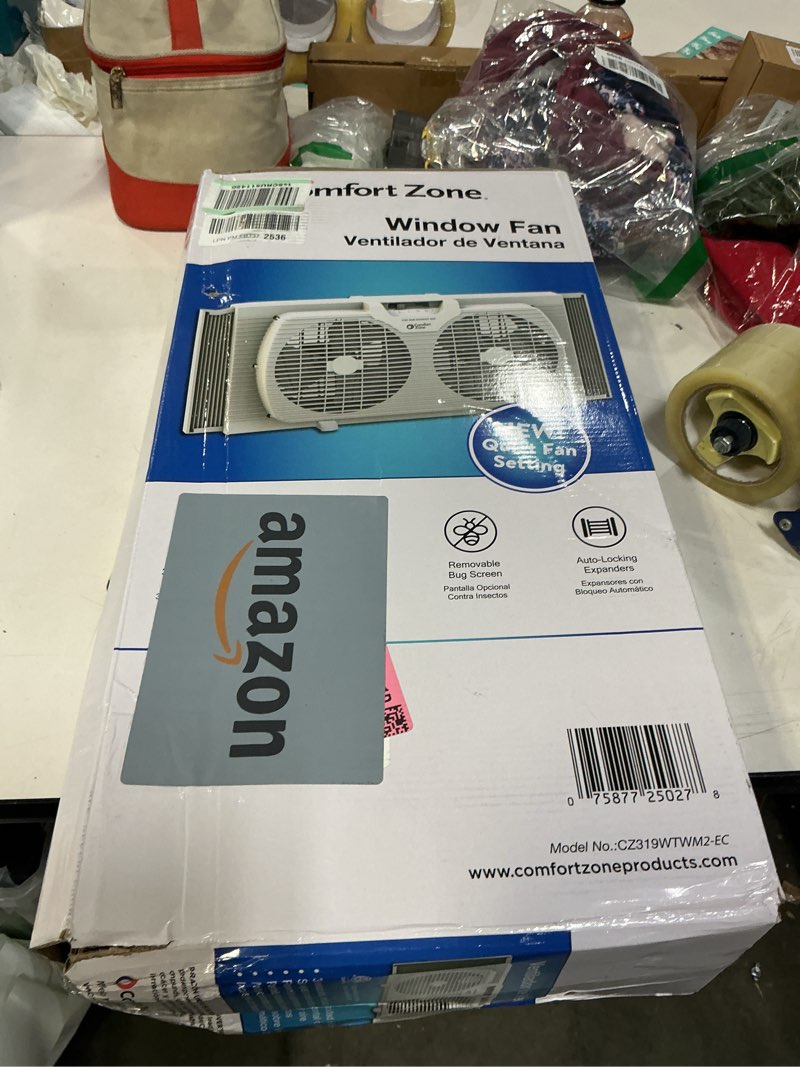 Condition photo showing As Is for Comfort Zone Window Fan for Bedroom, 9 inch 3 Speed Dual Fans with Auto-Locking Expanders, Window Exhaust Fan, Removeable Bug Screen, White White 3-Speed