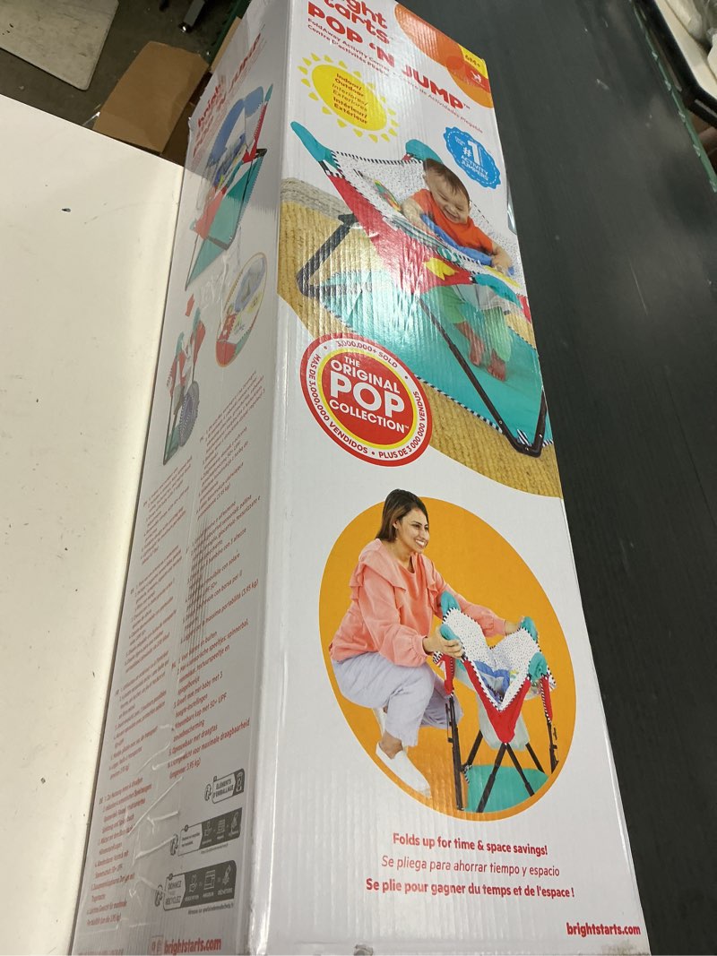 Condition photo showing New/Like New for bright starts pop 'n jump portable activity jumper, indoor/outdoor use, sweet treats with 4 sensory toys, ages 6-12 months