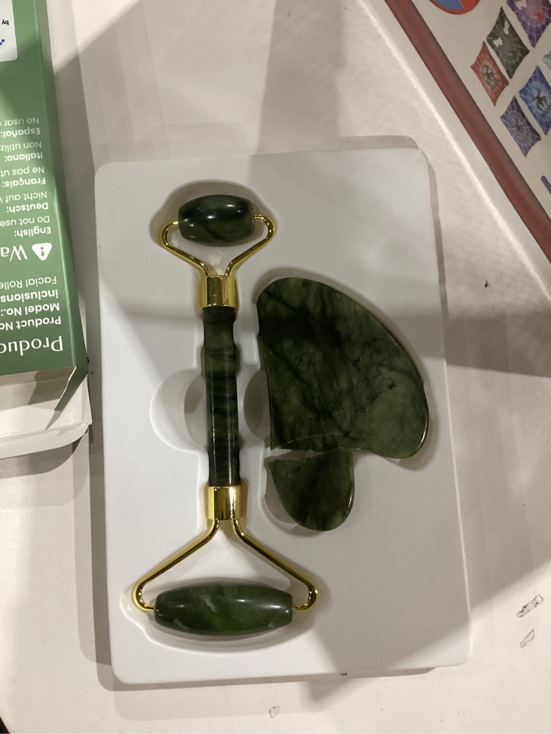 Condition photo showing As Is for face roller & gua sha facial tools, face massager for self care, jade roller for face, jawline sculpting and puffiness reducing