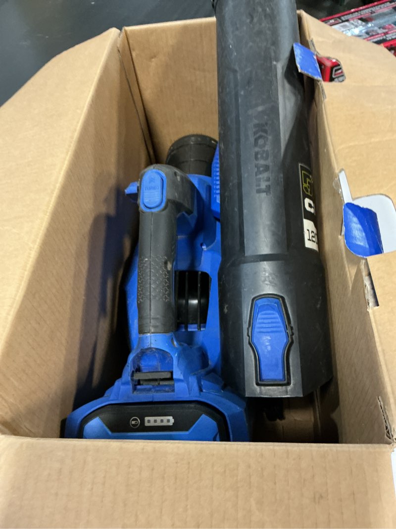 Condition photo showing As Is for kobalt gen4 40-volt 520-cfm 120-mph battery handheld leaf blower 4 ah (battery and charger included)