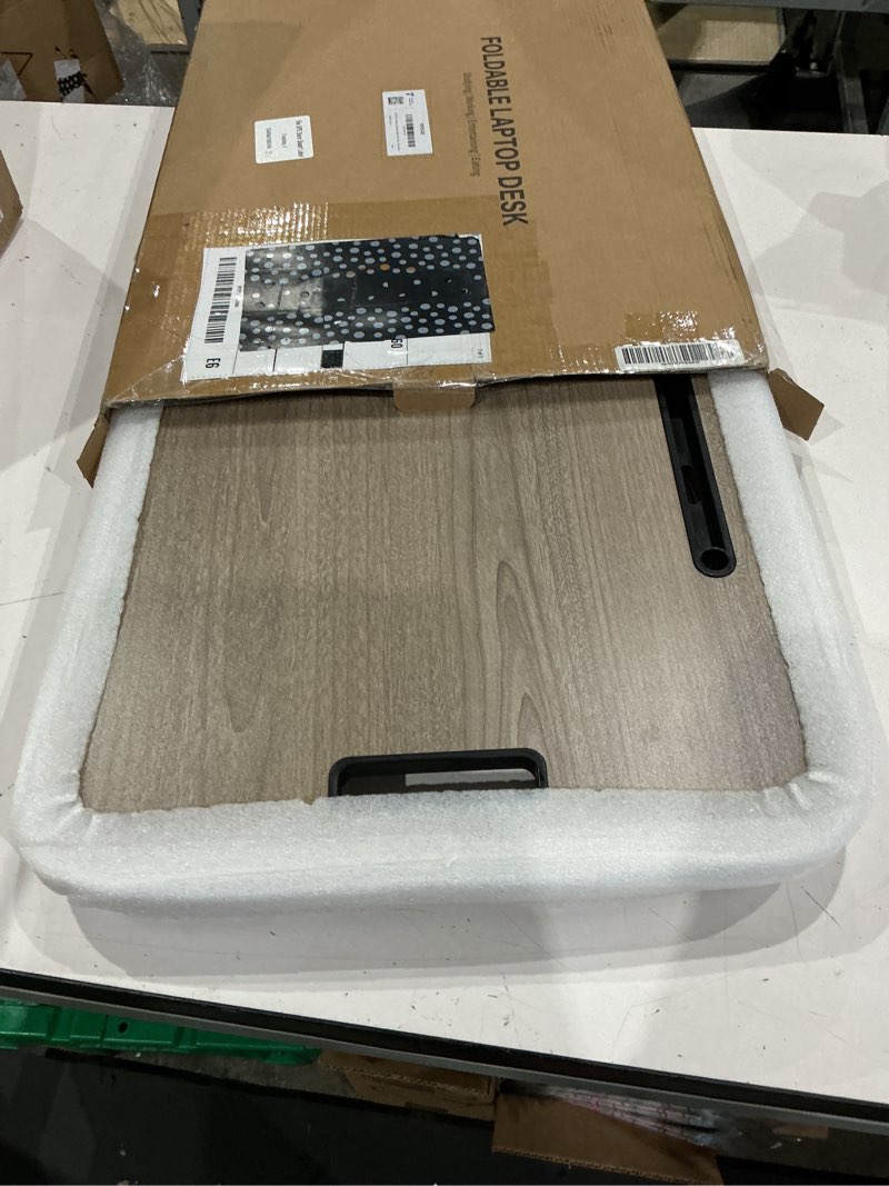 Condition photo showing Good Condition for foldable lap desk, laptop bed desk, portable lap table, laptop bed table with cup holder & tablet slot & lifting handle for working writing drawing & eating - gray wood