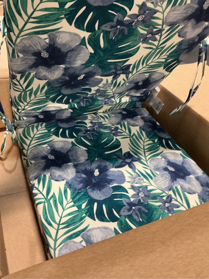 Condition photo showing Good Condition for arden outdoor patio dining chair cushion, 20x44, rain-proof seat pad, fade-resistant outdoor cushion salome tropical polyfill 1 pack salome tropical