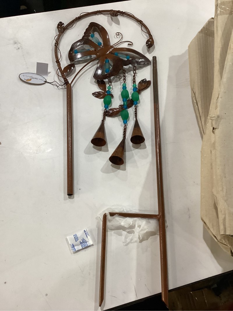 sunset vista designs outdoor garden décor - rustic metal boho wind chime stake with copper bells, 42" tall, turquoise butterfly