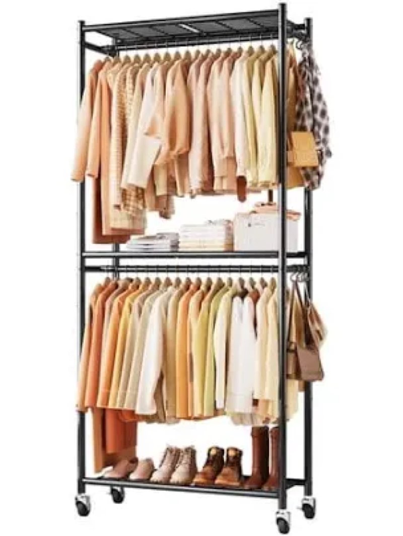 sakugi clothes rack, heavy-duty garment rack with shelves & wheels, freestanding wardrobe organizer with hooks, ideal for bedroom, laundry, or balcony, 32.5" x 11.9" x 78.9", black