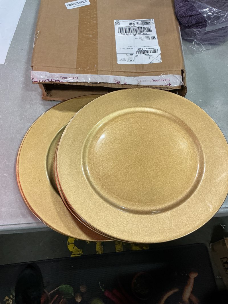 Condition photo showing Good Condition for maoname gold charger plates set of 10, 13" plate charger for dinner plates, plastic round chargers, table chargers for table setting, wedding