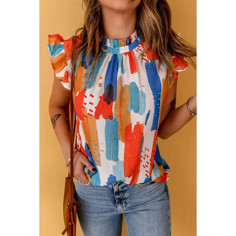POGLIP Women's Multicolor Printed Ruffle Flutter Sleeve Tank Top