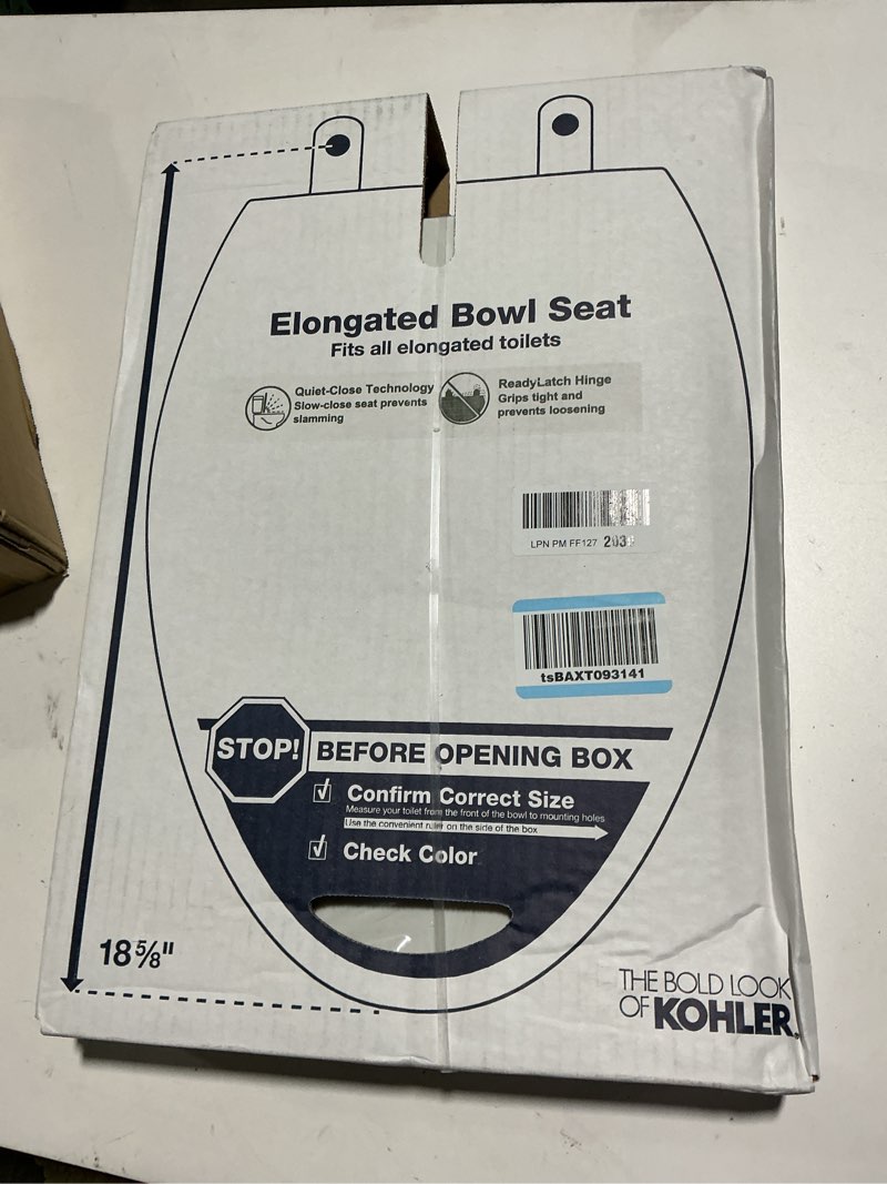 Condition photo showing New/Like New for KOHLER 4636-RL-0 Cachet ReadyLatch Elongated Toilet Seat Slow Close, Soft Close Toilet Seat Quiet Lid, Contoured Grip-Tight Bumpers Installation Hardware, Apartment Essentials, White White Elongated Ready Latch