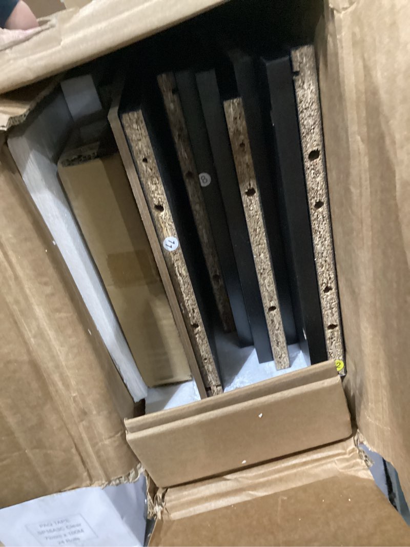 Condition photo showing As Is for FOTOSOK 71'' Tall Bookshelf, Double Wide Media Tower Rack CD DVD Rack Display Cabinet with Adjustable Shelves, Tall Narrow Bookcase Black Bookshelf for Home Office, Black