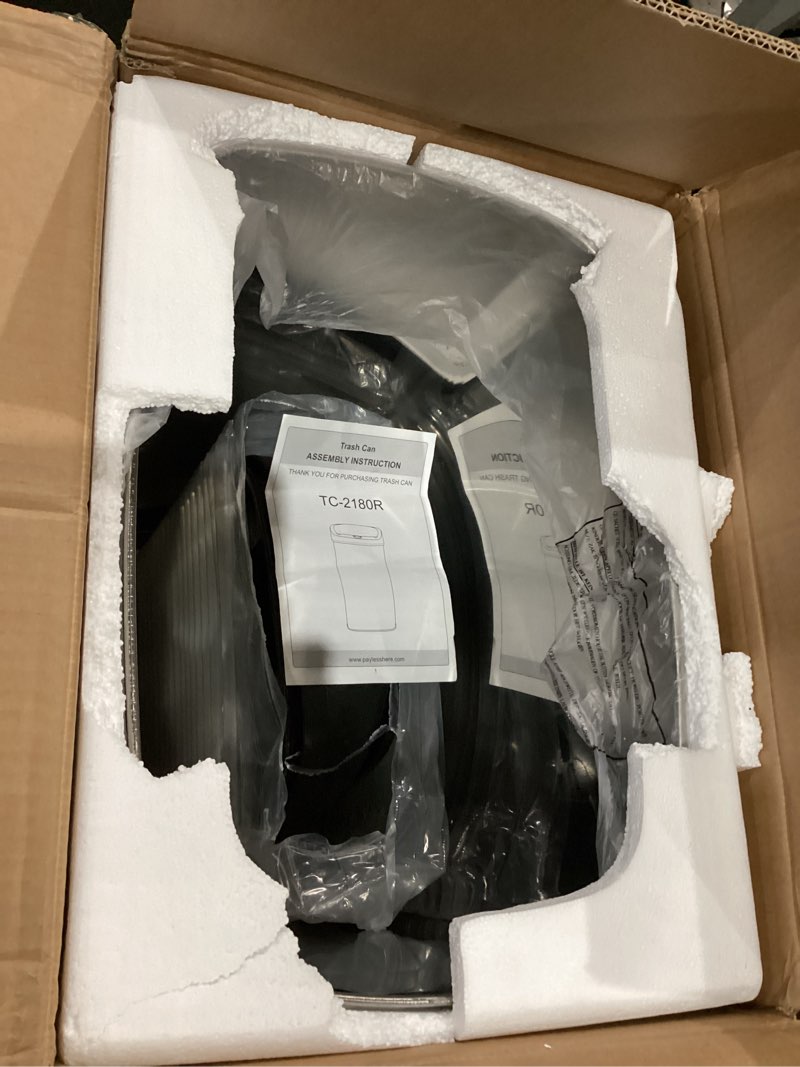 Condition photo showing As Is for automatic sensor large kitchen trash can with stainless steel
