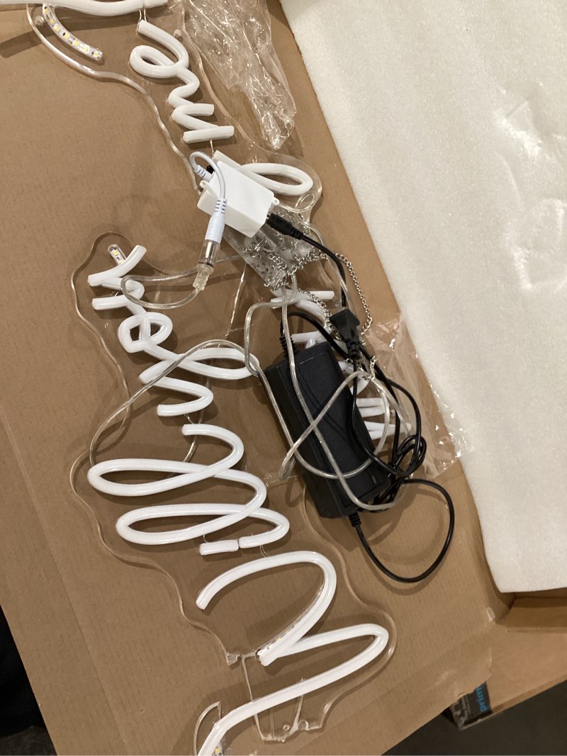 Condition photo showing As Is for will you marry me neon sign, 23.2x12.5 inch, large led neon lights sign with remote dimmer, will you merry me light up for engagement party, proposal, wedding decor, warm white