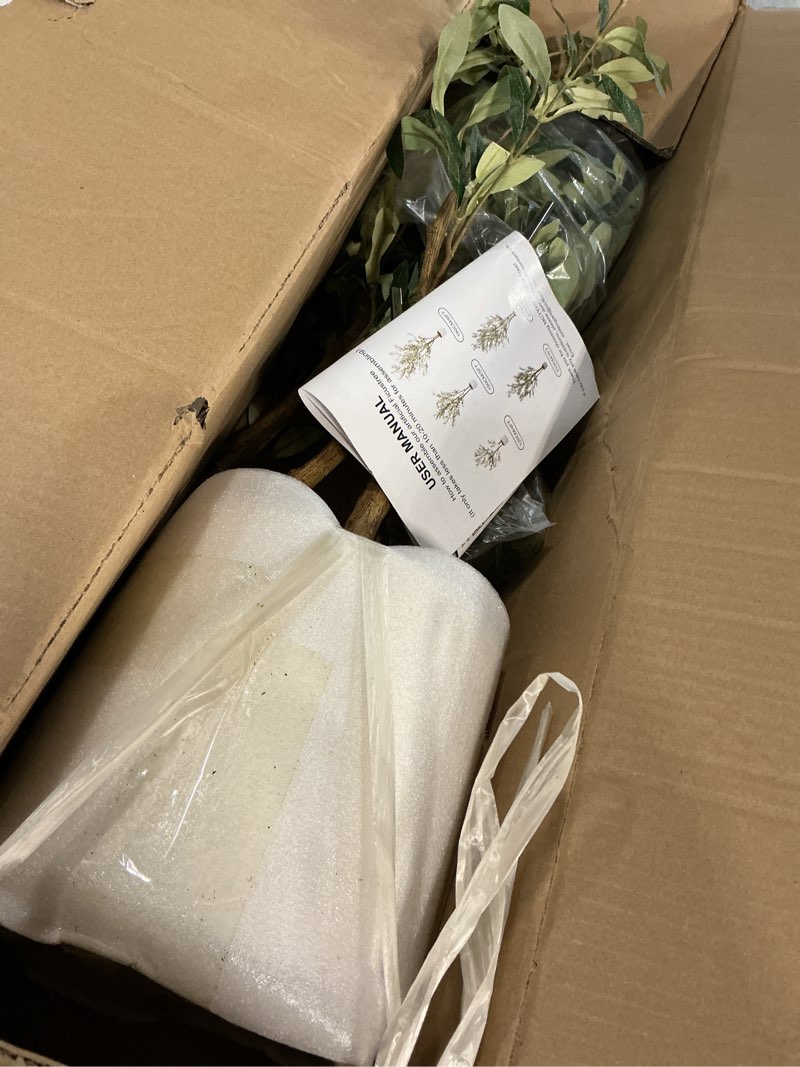 Condition photo showing Good Condition for Artificial Fake Olive Tree 4FT Tall 1Pack with White Planter Faux Silk Olive Tree for Home Living Room Office Decor Faux Artificial Plants Indoor with Fruit & Free Moss 1 4ft